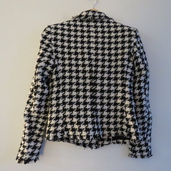 MANGO Houndstooth Wool Blend Frayed Hem Blazer Academia Black White - Size S NWT - Picture 10 of 14